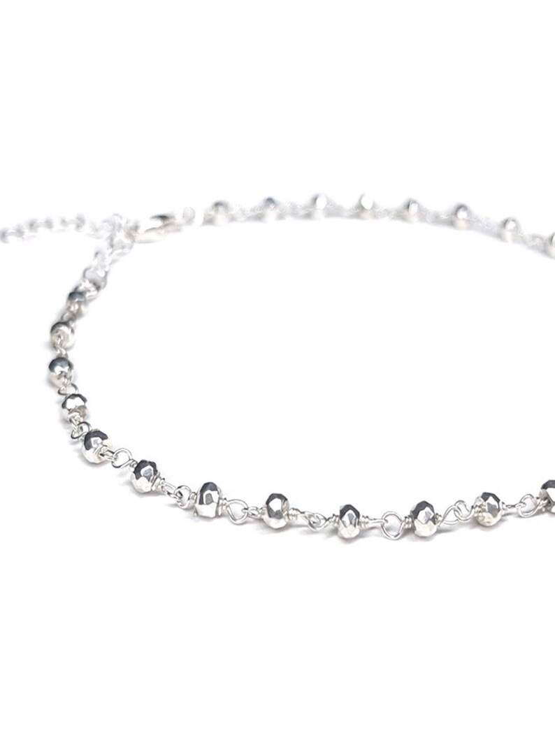 Sterling Silver Anklet, Ankle Bracelet for Women, Handmade Anklet Beaded with Silver Plated Pyrite Gemstones, Boho Jewelry Gift for her image 2