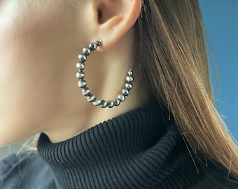 Large Silver Hoop Earrings, Western Navajo Pearls Style Sterling Silver Hoop Earrings, Big Chunky Hoops, Extra Large Thick Hoop Earrings