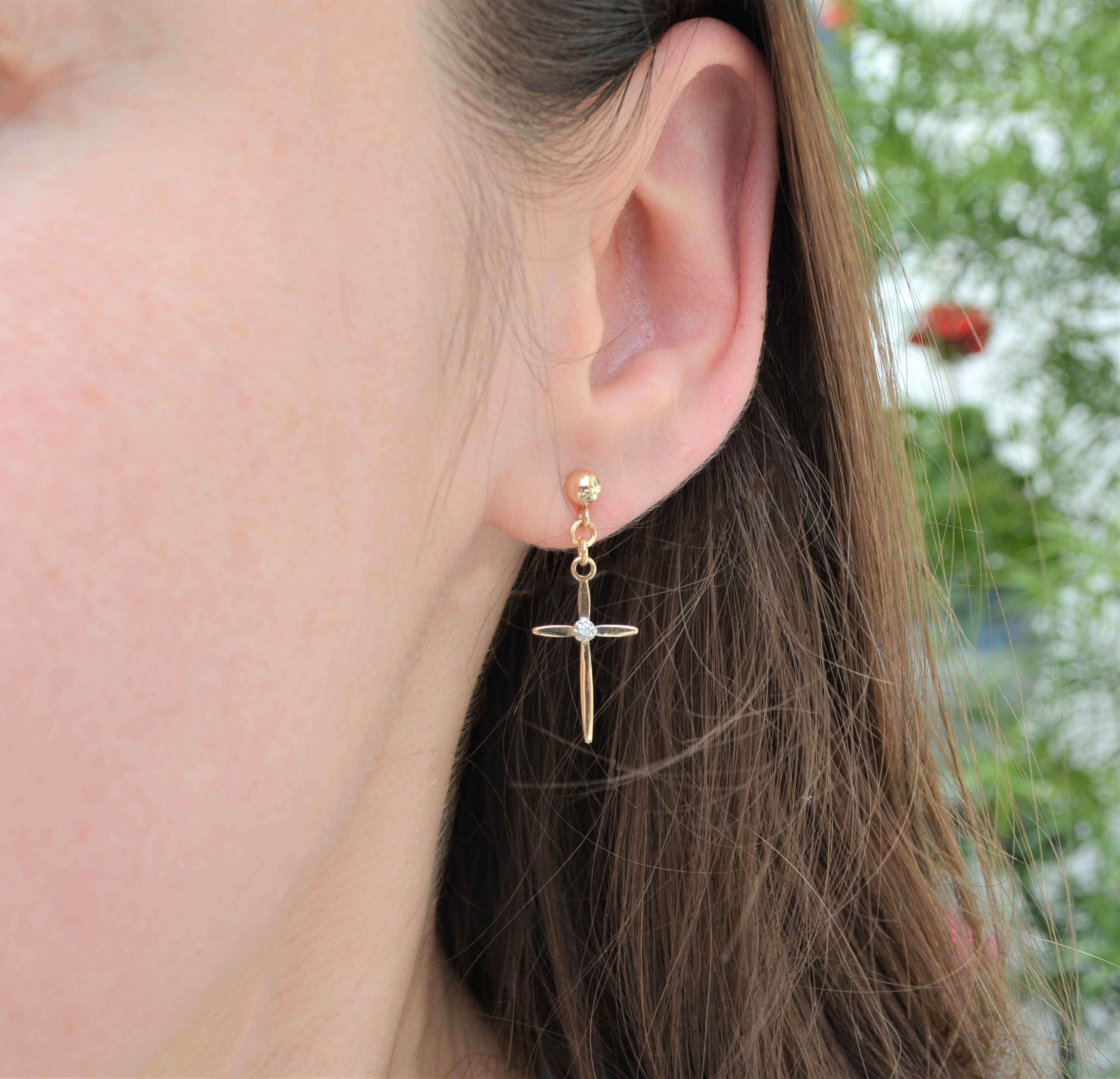 14K Gold cross earrings with real diamonds Ball post Solid Etsy