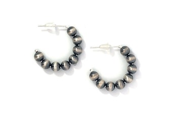 Small Silver Hoops Beaded with Navajo Pearl Style Beads, Sterling Silver Hoop Earrings, Western Dainty Delicate Hoops Earrings Silver