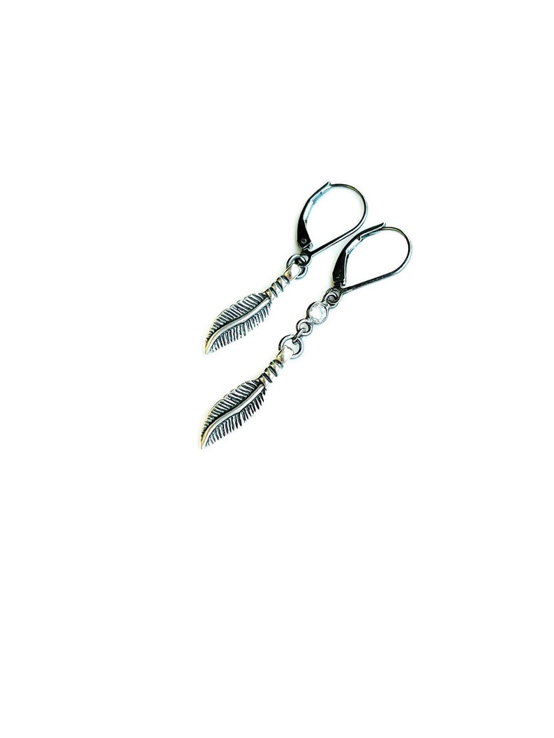 Dangle Feather Earrings, Sterling Silver Dangle Earrings for Men or Women, Leverback Oxidized Black Earrings, Mens Dangle Earring image 5