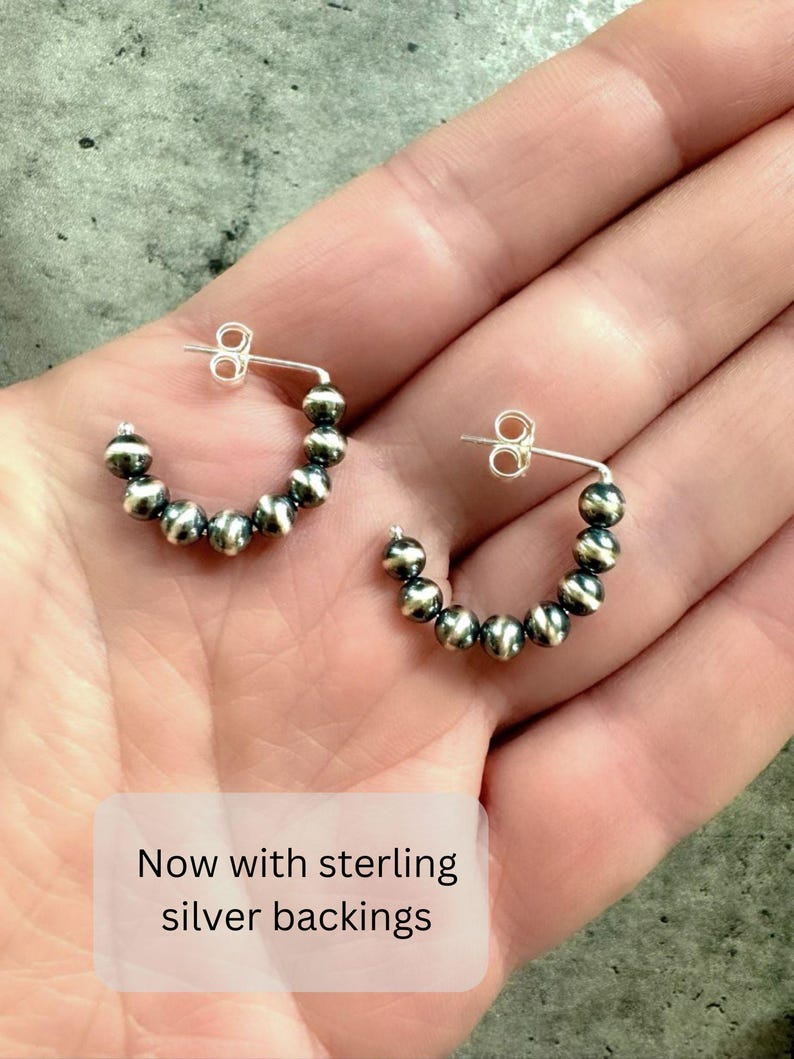 Navajo Pearl Style Sterling Silver Hoop Earrings Dainty Beaded, 4 mm Bead Earrings Lightweight Minimal Western Earrings Jewelry Gift for Her image 6