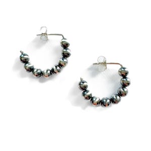 Navajo Pearl Style Sterling Silver Hoop Earrings Dainty Beaded, 4 mm Bead Earrings Lightweight Minimal Western Earrings Jewelry Gift for Her image 2