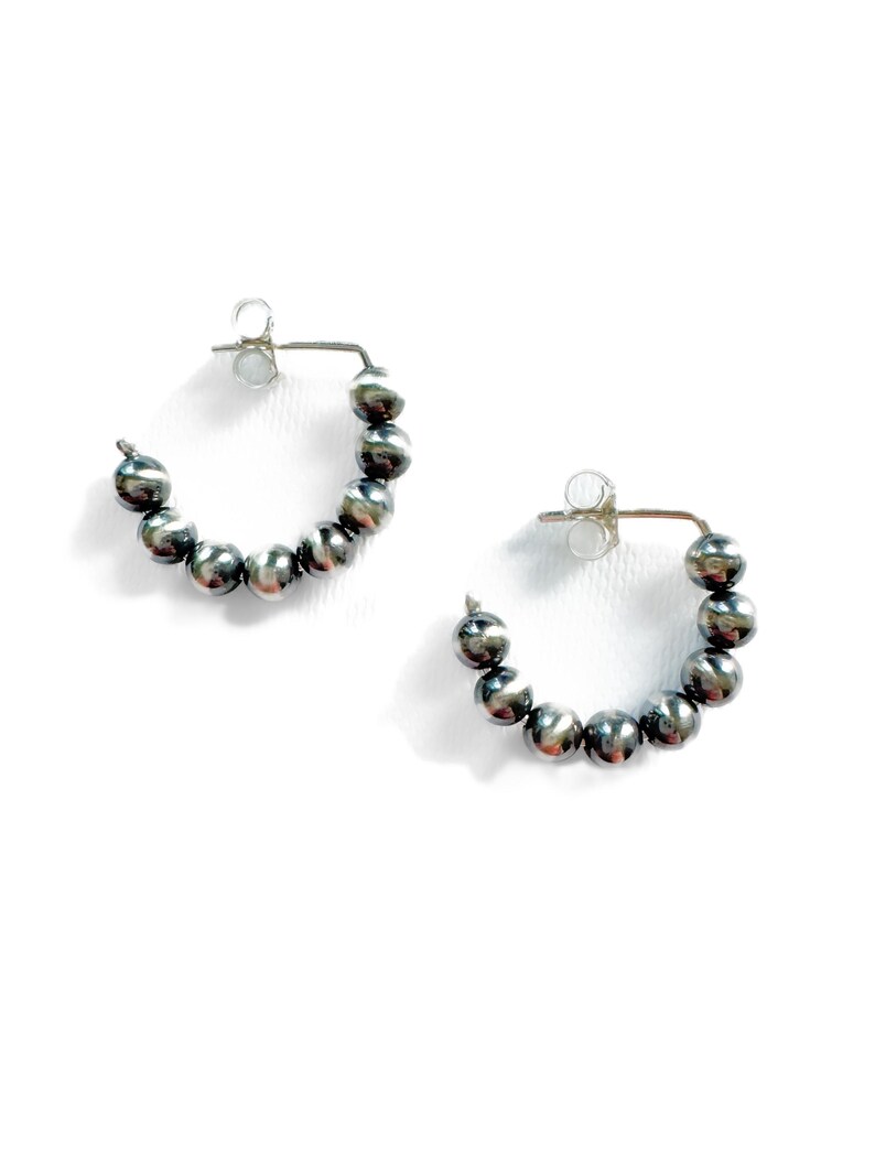 Navajo Pearl Style Sterling Silver Hoop Earrings Dainty Beaded, 4 mm Bead Earrings Lightweight Minimal Western Earrings Jewelry Gift for Her image 2