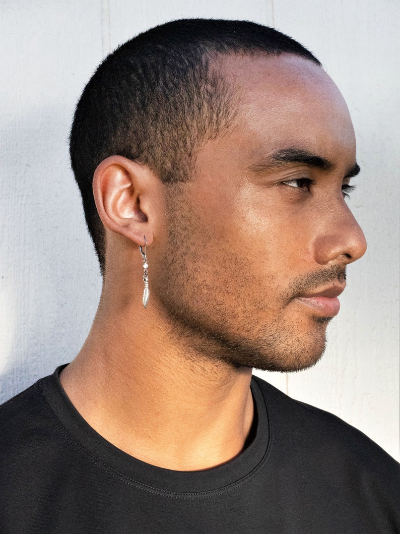 Dangle Feather Earrings, Sterling Silver Dangle Earrings for Men or Women, Leverback Oxidized Black Earrings, Mens Dangle Earring image 7