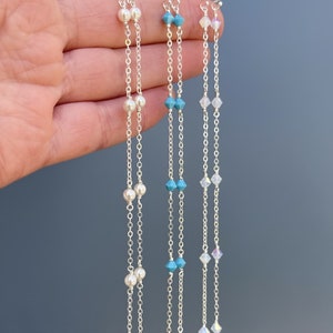 Long Sterling Silver Earrings Beaded with Swarovski Crystals, Delicate Minimalist Silver Drop Earrings, Silver Dangle Earrings Lightweight