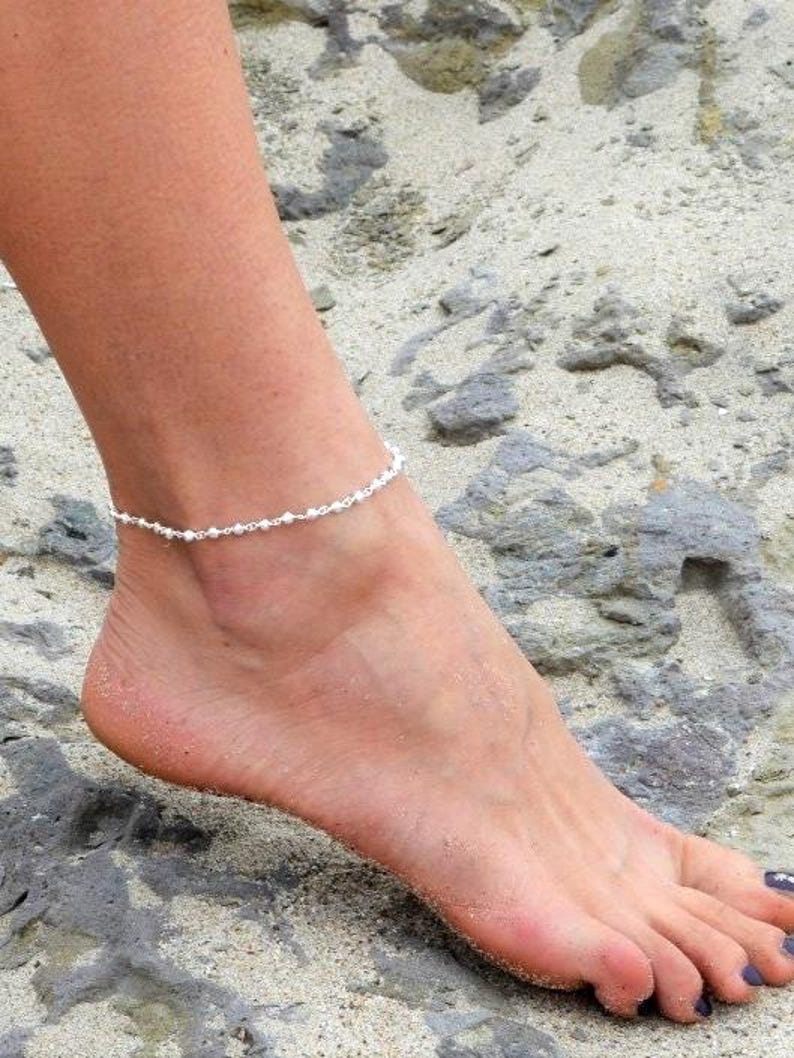 Sterling Silver Anklet, Ankle Bracelet for Women, Handmade Anklet Beaded with Silver Plated Pyrite Gemstones, Boho Jewelry Gift for her image 4