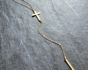 Colar Lariat Dourado - Colar com Cruz em Y Estilo Rosário em Ouro 14K, Joia Cristã