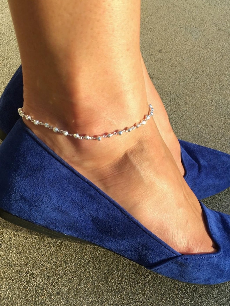 Sterling Silver Anklet, Ankle Bracelet for Women, Handmade Anklet Beaded with Silver Plated Pyrite Gemstones, Boho Jewelry Gift for her image 3