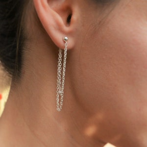 Front and back Sterling silver chain earrings jacket, silver ear jacket dangle long double sided post earrings long drop chain loop delicate