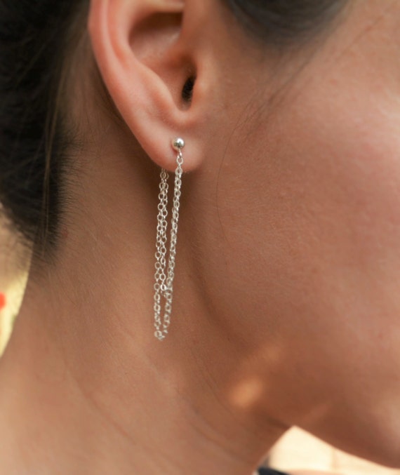 Sterling Silver Crystal Dangle Long Double Chain Cuff Earring