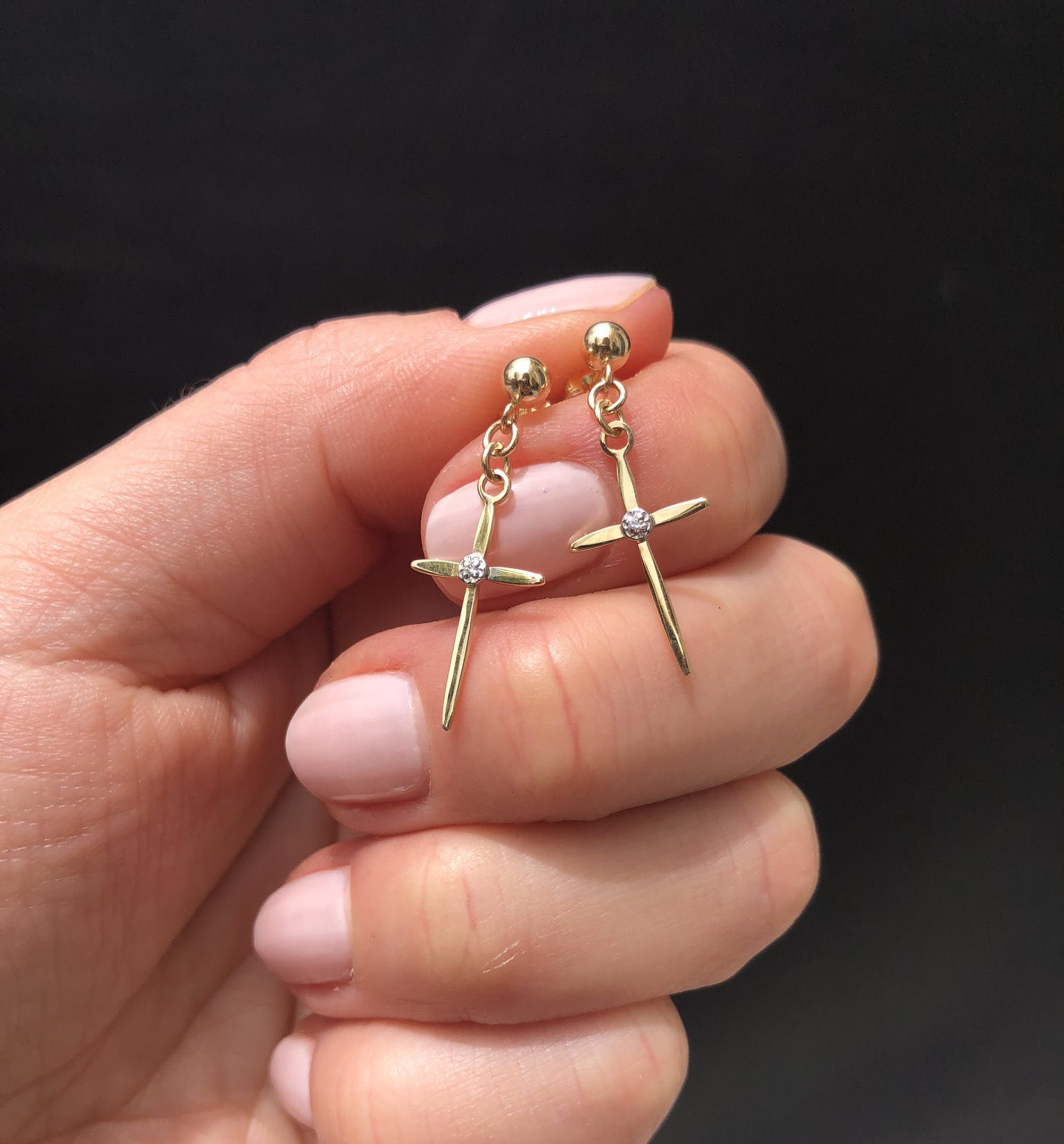 14K Gold cross earrings with real diamonds Ball post Solid Etsy