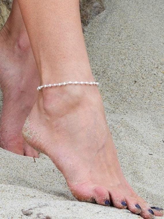 Sterling Silver Anklet, Ankle Bracelet for Women, Handmade Anklet Beaded with Silver Plated Pyrite Gemstones, Boho Jewelry Gift for her