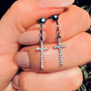 Mens Earrings Black Oxidized Sterling Silver Dangle Cross with CZ Diamond