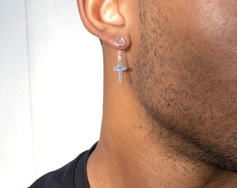 Dangle Silver Cross Earrings Circle Stud - Ear Jackets, Sterling Silver Womens / Mens Earrings, Single Earring or a Pair