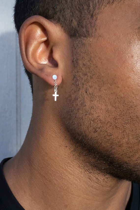 Mens Dangle Earring, Gold Filled 925 Silver Cross Earrings, Tiny