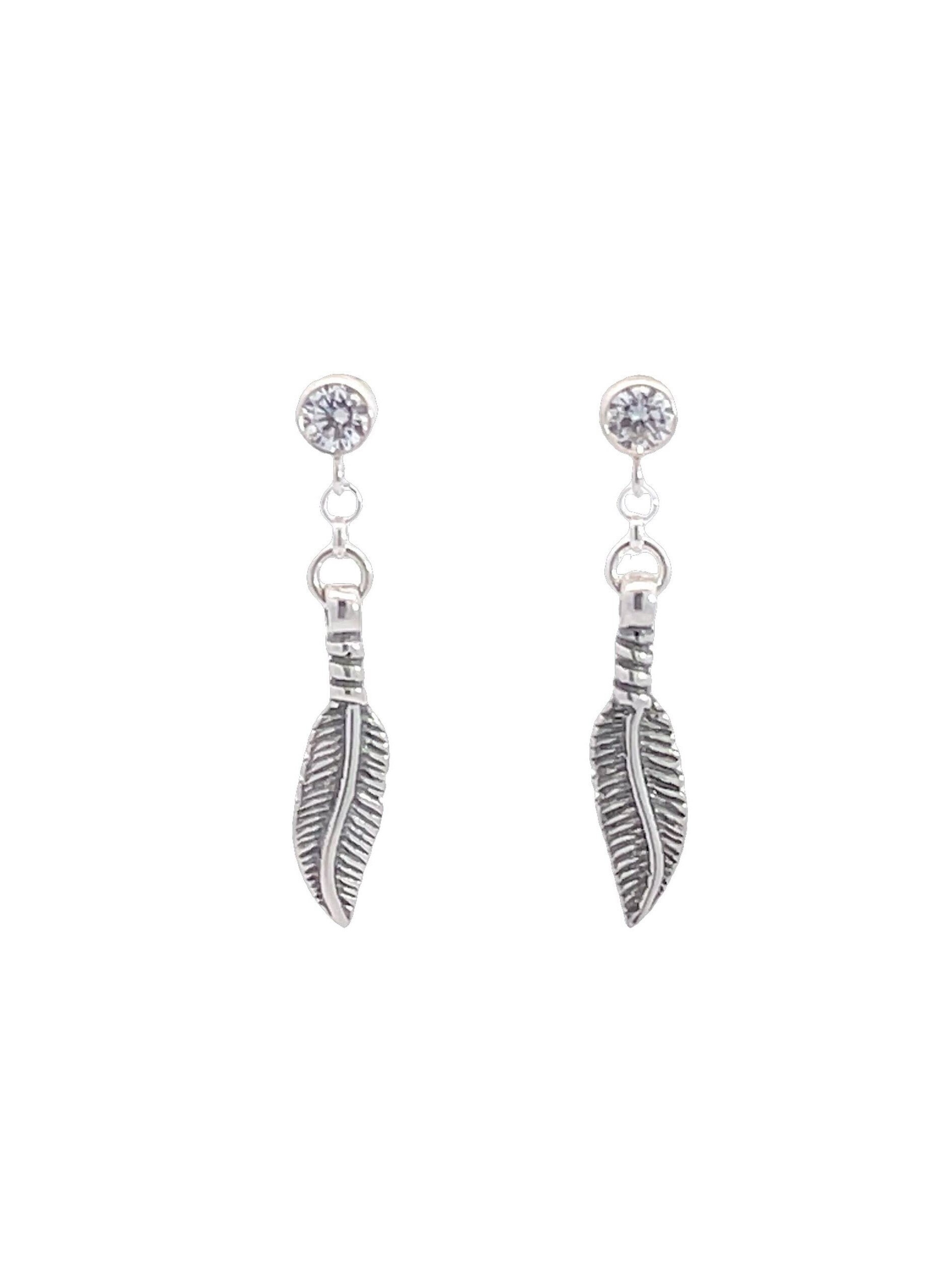 CZ Diamond Stud Post Dangle Earrings, Sterling Silver Feather Earrings, Womens / Mens earrings, Mens Dangle Earring, Gift for him / for her