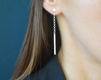 Long Earrings Dangle Chain Earrings Silver, Long Drop Sterling Silver Earrings, Statement mismatched earrings, Skinny Silver Bar Earrings