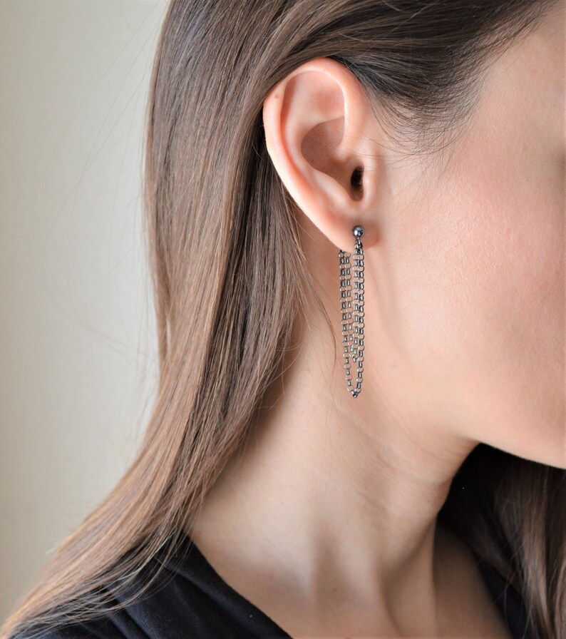 Oxidized silver earrings ear jacket gunmetal earrings long Etsy