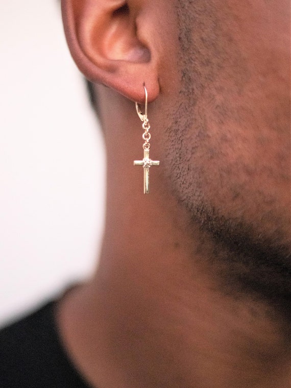 Men's Iced Yellow Gold Hanging Cross Dangle Hoop Earrings - Etsy | Dangle  hoop earrings, Mens earrings hoop, Etsy earrings