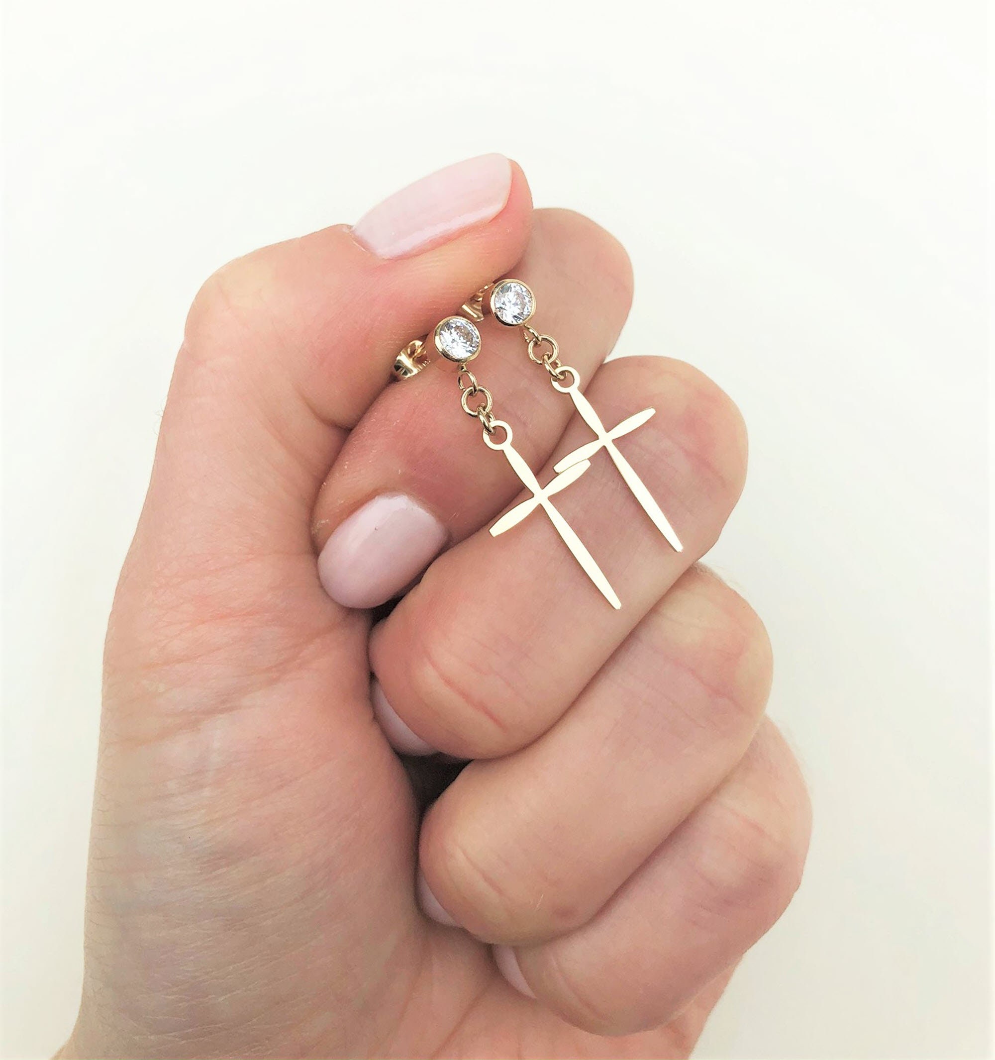 14K Gold Cross Earrings With CZ Stud Solid Gold Earrings Etsy