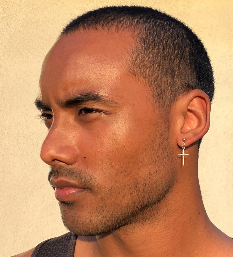 14K Gold Cross Earrings Men / Women With Real Diamond Dangle Etsy