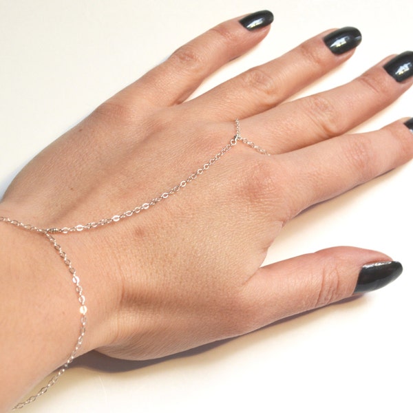 Hand chain slave bracelet, simple ring chain, Sterling silver / Gold filled fitted finger ring bracelet, delicate minimalist dainty bracelet