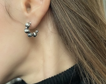 Small Chunky Navajo Pearl Style Sterling Silver Hoop Earrings, Beaded Western Jewelry