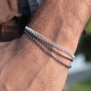 Sterling Silver Bracelet Men, Classic Chain Mens Bracelet, Thin Black Bracelet, Mens Silver Chain Bracelet Anniversary Gift for Boyfriend