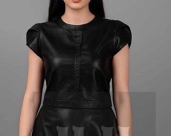 Handmade Black Leather A-Line Midi Dress - Elegant Party Wear