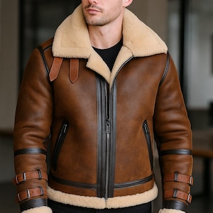 Men’s Genuine Sheep Leather Aviator Jacket with Faux Shearling – B3 Bomber Style, Winter Warm Outerwear