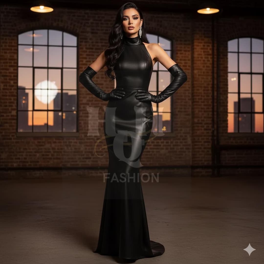 leather mermaid dress Black Gown fitted sequin