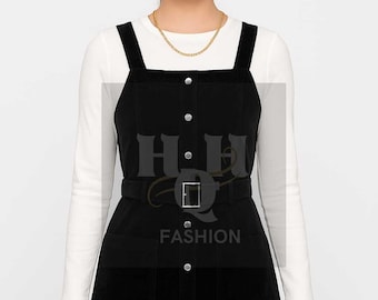 Cord Trägerkleid mit Gürtel: Handgemachte Vintage A-Linie-Front mit Knöpfen