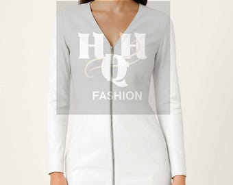 Handmade Sheep Leather Bodycon Mini Dress:  Zipper Front, Long Sleeve