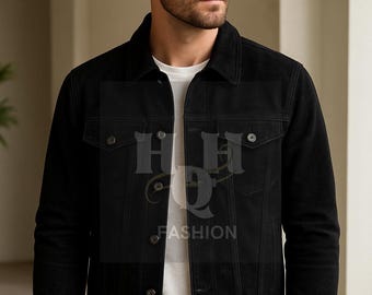 Men’s Genuine Sheep Handmade Suede Leather Trucker Jacket – Classic Button-Up Vintage Style