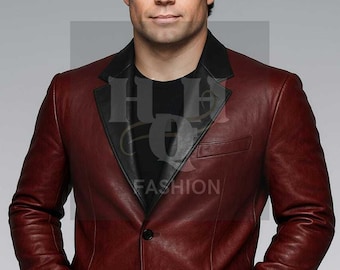 Handmade Maroon & Black Leather Blazer: Slim Fit Genuine Leather Coat