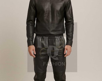Ensemble de sport en cuir véritable : pantalon de jogging et haut noirs, coutures apparentes
