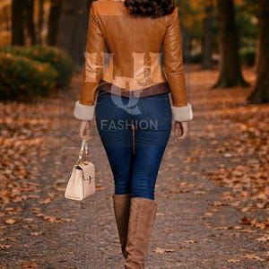 Handmade Red Leather women Jacket – Genuine Fur Collar, Slim Fit image 4