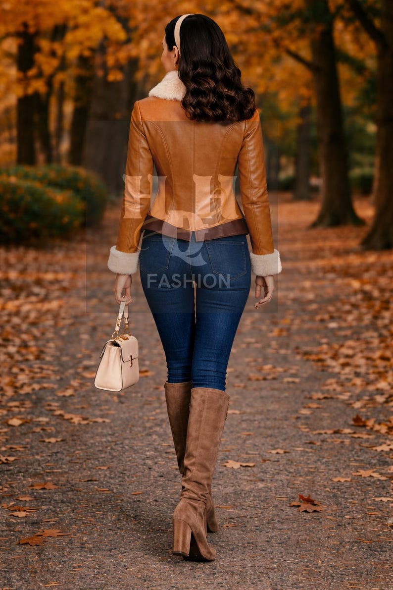 Handmade Red Leather women Jacket – Genuine Fur Collar, Slim Fit image 4
