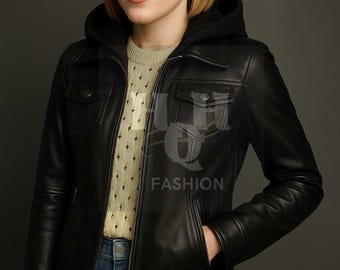 May include: A black leather jacket featuring a hood, a front zipper closure, two chest pockets with button flaps, and two side pockets. The jacket is worn over a cream-colored knit sweater and blue jeans. The text "UH FASHION" is visible.