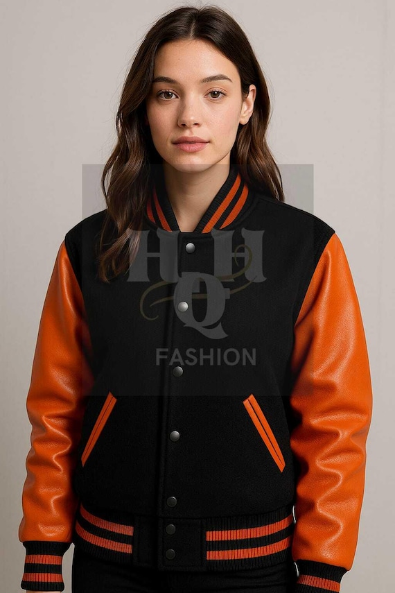 Handmade Wool Varsity Jacket: Black & Orange PU Leather Letterman