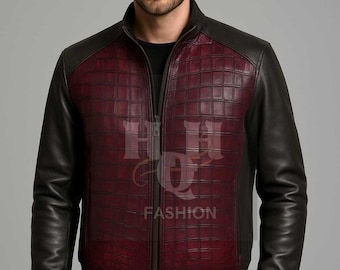 Chaqueta bomber de piel de oveja con efecto cocodrilo burdeos - Hecha a mano