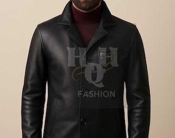 Men's Genuine Black Leather Jacket: Handmade Slim Fit, Classic Button Coat