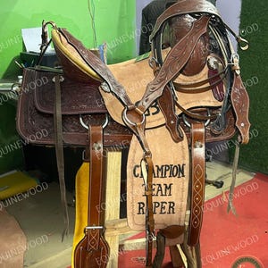 Western Leather Roping Saddle 10-18&quot; – Premium Cowhide, SS Fittings, Hand Tooled, Free Tack Set, Horse Riding & Ranch Work