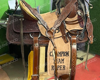 Hand Tooled Cowhide Leather Roping Saddle 10-18" - Free Tack Set