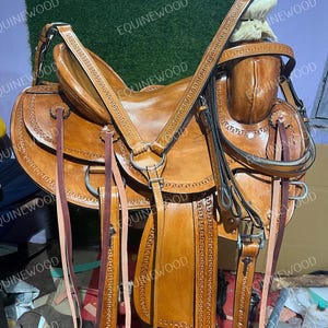 Western Leather Roping Saddle 10-18&quot; – Premium Cowhide, SS Fittings, Hand Tooled, Free Tack Set, Horse Riding & Ranch Work