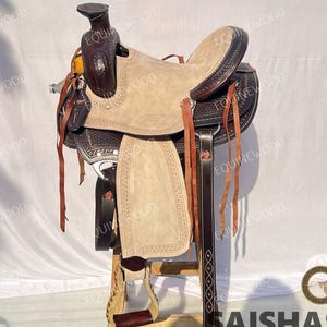 Western Leather Roping Saddle 10-18&quot; – Premium Cowhide, SS Fittings, Hand Tooled, Free Tack Set, Horse Riding & Ranch Work