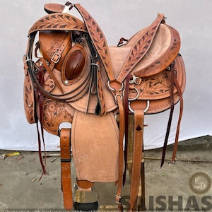 Western Leather Roping Saddle 10-18&quot; – Premium Cowhide, SS Fittings, Hand Tooled, Free Tack Set, Horse Riding & Ranch Work