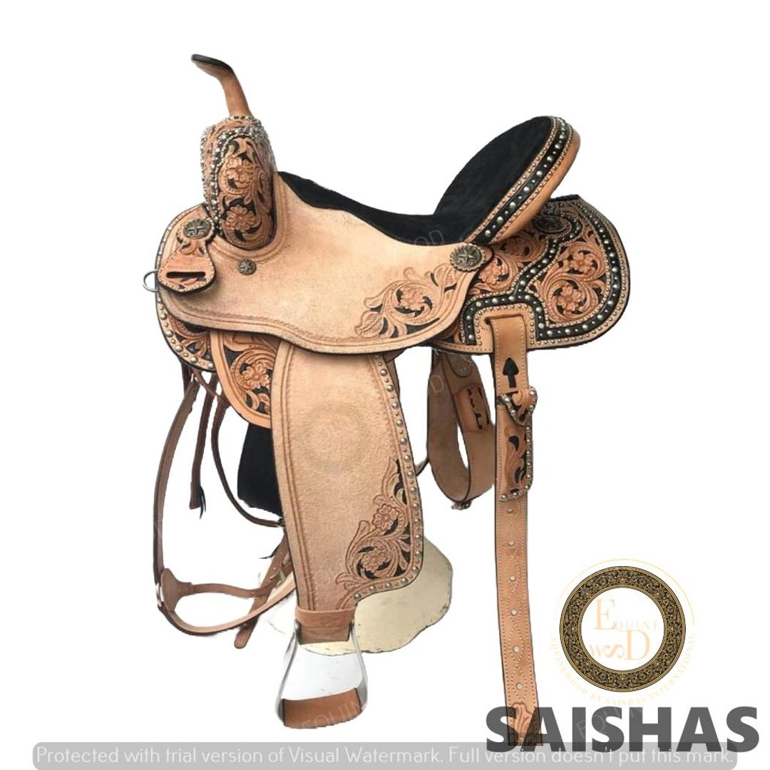 Ss Tack Premium Barrel Racing Artwork Western Leather Saddle Set | Hand Tooled ...