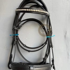 Leather Horse Bridle with Crystal Browband, Padded Noseband & Reins